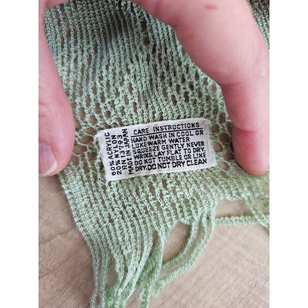Vintage Mint Green Open Knit Scarf Fringe Trim Pointelle Mesh Made in Japan - Picture 4 of 7